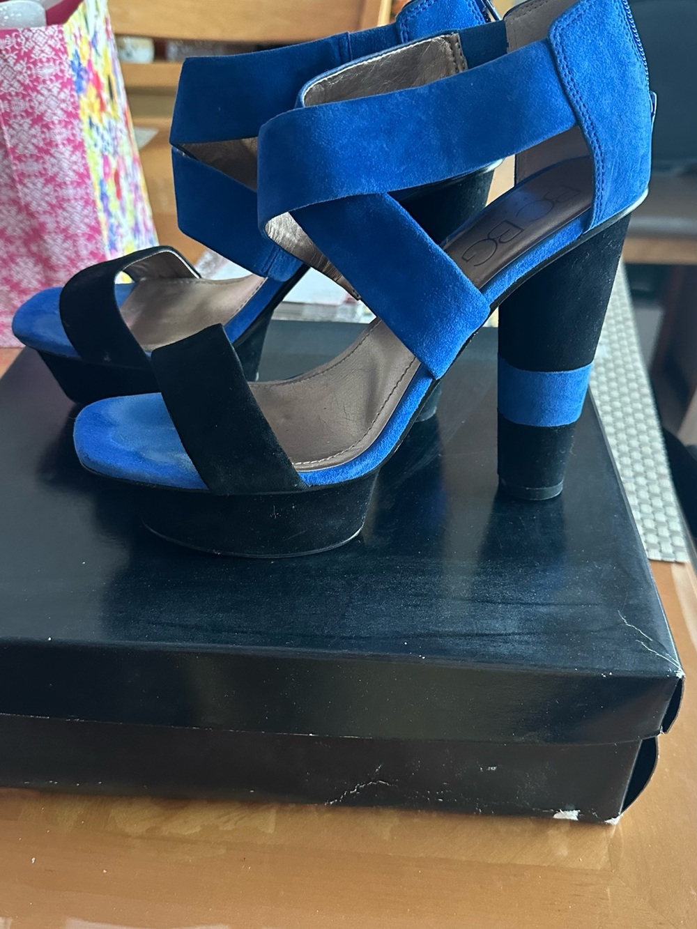 BCBG Royal Blue and Black Suede Platform Heels